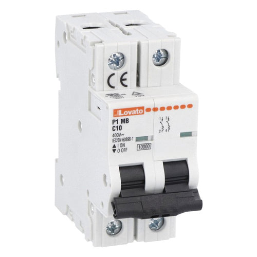 Lovato P1MB2PC32, Miniature Circuit Breaker, 230/400V, 2 Poles, 32A, 2 Modules, Thermal And Magnetic Trip Type, C-curve Characteristic