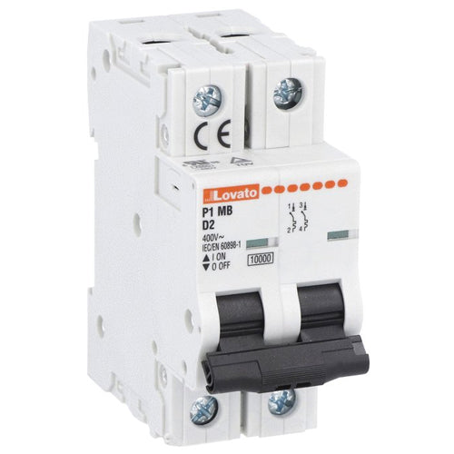 Lovato P1MB2PD63, Miniature Circuit Breaker, Thermal and Magnetic Trip Type, Two Pole (2P), 10kA, 2 Modules, D-Curve Characteristic, 63A