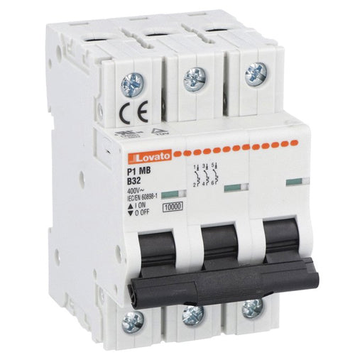 Lovato P1MB3PB63, Miniature Circuit Breaker, Thermal and Magnetic Trip Type, Three Pole (3P), 10kA, 3 Modules, B-Curve Characteristic, 63A