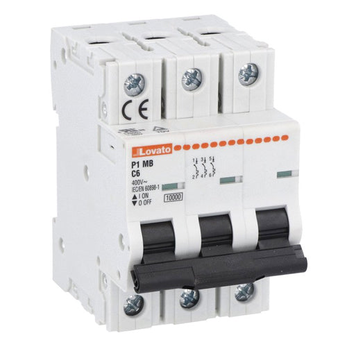 Lovato P1MB3PC32, Miniature Circuit Breaker, 230/400V, 3 Poles, 32A, 3 Modules, Thermal And Magnetic Trip Type, C-curve Characteristic