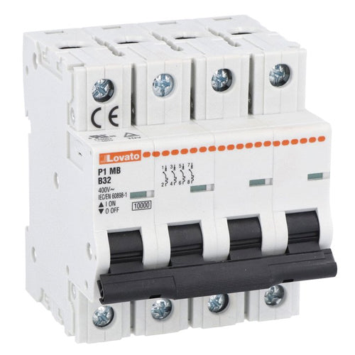 Lovato P1MB4PB63, Miniature Circuit Breaker, Thermal and Magnetic Trip Type, Four Pole (4P), 10kA, 4 Modules, B-Curve Characteristic, 63A