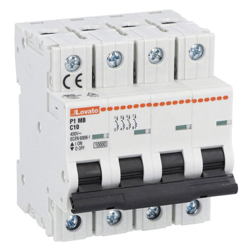 Lovato P1MB4PC63, Miniature Circuit Breaker, Thermal and Magnetic Trip Type, Four Pole (4P), 10kA, 4 Modules, C-Curve Characteristic, 63A