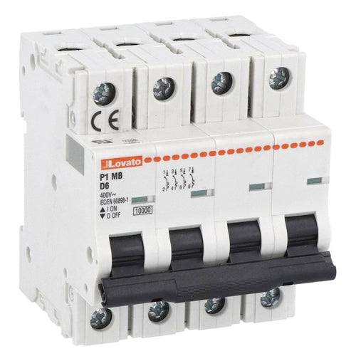 Lovato P1MB4PD02, Miniature Circuit Breaker, Thermal and Magnetic Trip Type, Four Pole (4P), 10kA, 4 Modules, D-Curve Characteristic, 2A