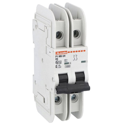 Lovato P1MBUH2PD32, Miniature Circuit Breaker, Thermal and Magnetic Trip Type, Two Pole (2P), 10kA, 2 Modules, D-Curve Characteristic, 32A, Rated Voltage 480Y/277VAC (UL 489)