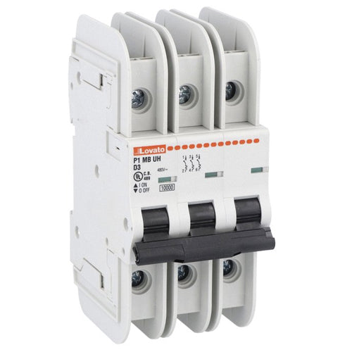 Lovato P1MBUH3PD06, Miniature Circuit Breaker, Thermal and Magnetic Trip Type, Three Pole (3P), 10kA, 3 Modules, D-Curve Characteristic, 6A, Rated Voltage 480Y/277VAC (UL 489)