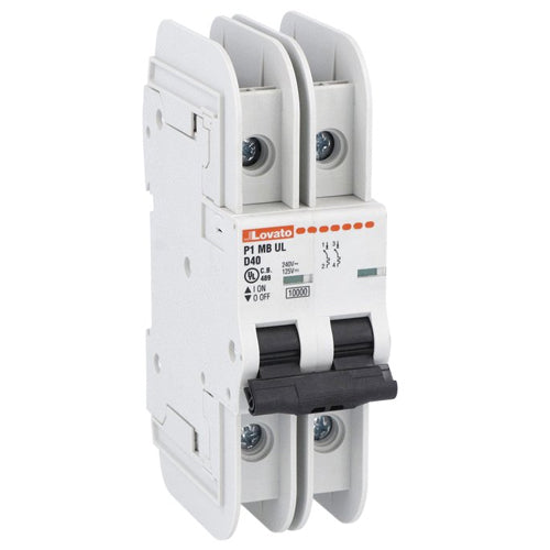 Lovato P1MBUL2PD63, Miniature Circuit Breaker, Thermal and Magnetic Trip Type, Two Pole (2P), 10kA, 2 Modules, D-Curve Characteristic, 63A, Rated Voltage 240VAC (UL 489)