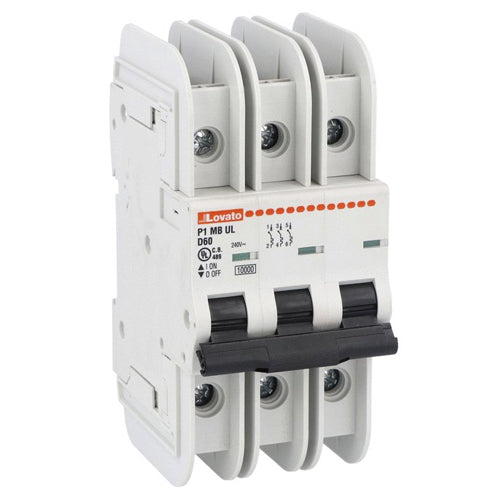 Lovato P1MBUL3PD63, Miniature Circuit Breaker, Thermal and Magnetic Trip Type, Three Pole (3P), 10kA, 3 Modules, D-Curve Characteristic, 63A, Rated Voltage 240VAC (UL 489)