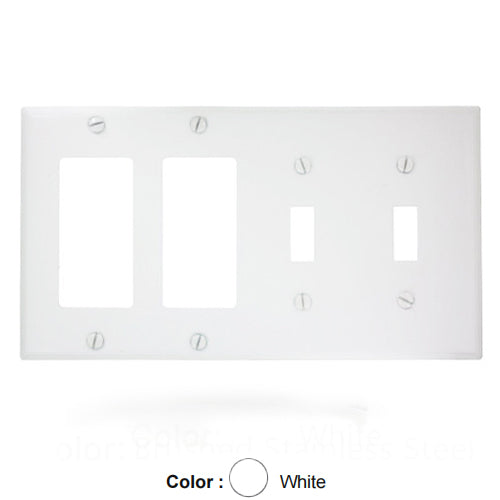 Leviton P2262-W, 4-Gang 2-Toggle 2-Decora/GFCI Device Combination Wallplate, Standard Size, Painted Metal, Device Mount, White
