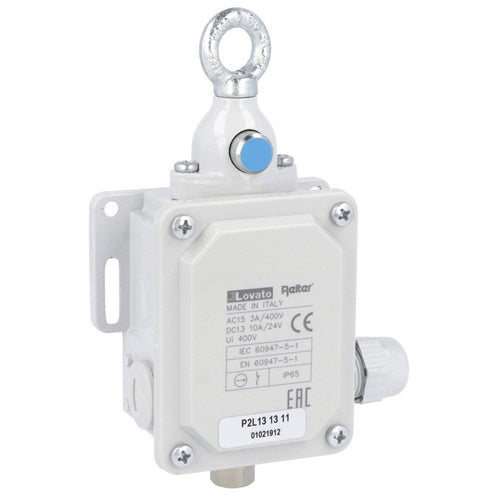 Lovato P2L131312, Rope-Pull Lever Limit Switch with Reset Button, For Emergency Stopping, ISO 13850 Compliant, Contacts 1NO+1NC, 120N Operating Force