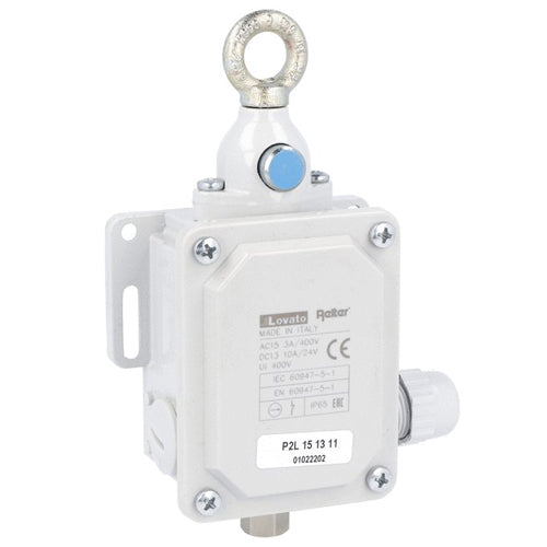 Lovato P2L151312, Rope-Pull Lever Limit Switch with Reset Button, For Emergency Stopping, ISO 13850 Compliant, Contacts 2NO+2NC, 120N Operating Force