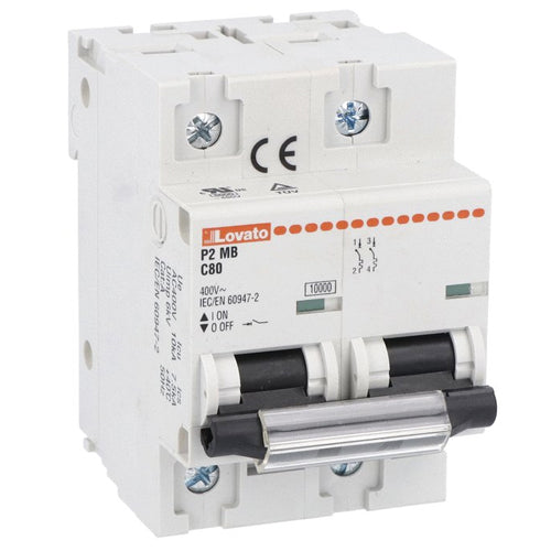 Lovato P2MB2PC125, Miniature Circuit Breaker, Thermal and Magnetic Trip Type, Two Pole (2P), 10kA, 3 Modules, C-Curve Characteristic, 125A