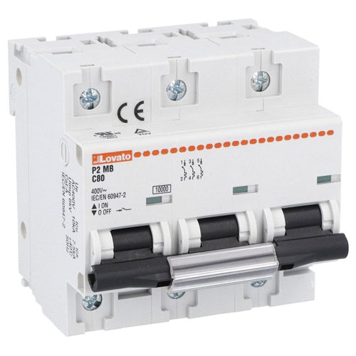 Lovato P2MB3PC125, Miniature Circuit Breaker, Thermal and Magnetic Trip Type, Three Pole (3P), 10kA, 4.5 Modules, C-Curve Characteristic, 125A