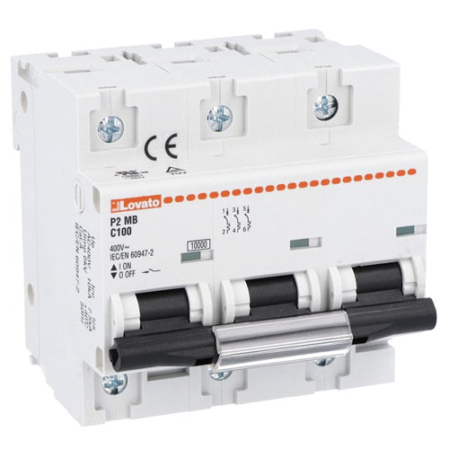 Lovato P2MB3PC100, Miniature Circuit Breaker, Thermal and Magnetic Trip Type, Three Pole (3P), 10kA, 4.5 Modules, C-Curve Characteristic, 100A