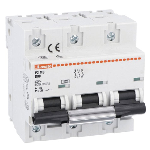 Lovato P2MB3PD080, Miniature Circuit Breaker, Thermal and Magnetic Trip Type, Three Pole (3P), 10kA, 4.5 Modules, D-Curve Characteristic, 80A