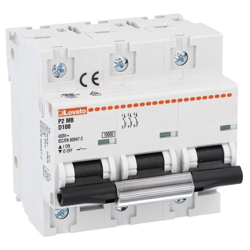 Lovato P2MB3PD100, Miniature Circuit Breaker, Thermal and Magnetic Trip Type, Three Pole (3P), 10kA, 4.5 Modules, D-Curve Characteristic, 100A