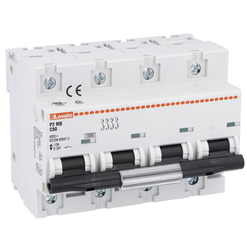 Lovato P2MB4PC080, Miniature Circuit Breaker, Thermal and Magnetic Trip Type, Four Pole (4P), 10kA, 6 Modules, C-Curve Characteristic, 80A
