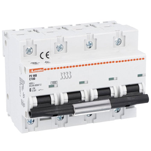 Lovato P2MB4PC100, Miniature Circuit Breaker, Thermal and Magnetic Trip Type, Four Pole (4P), 10kA, 6 Modules, C-Curve Characteristic, 100A