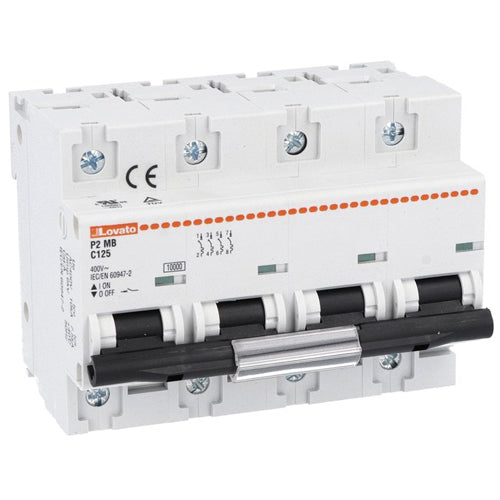 Lovato P2MB4PC125, Miniature Circuit Breaker, Thermal and Magnetic Trip Type, Four Pole (4P), 10kA, 6 Modules, C-Curve Characteristic, 125A