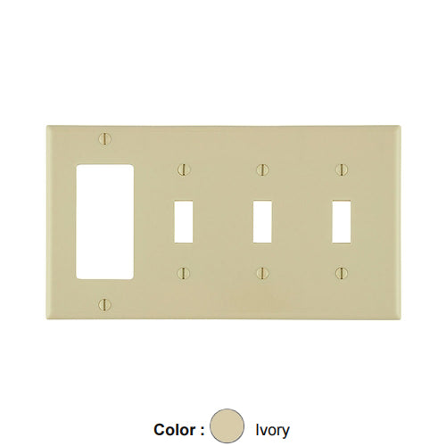 Leviton P326-I, 4-Gang 3-Toggle 1-Decora/GFCI Device Device Combination Wallplate, Standard Size, Thermoset, Device Mount, Ivory