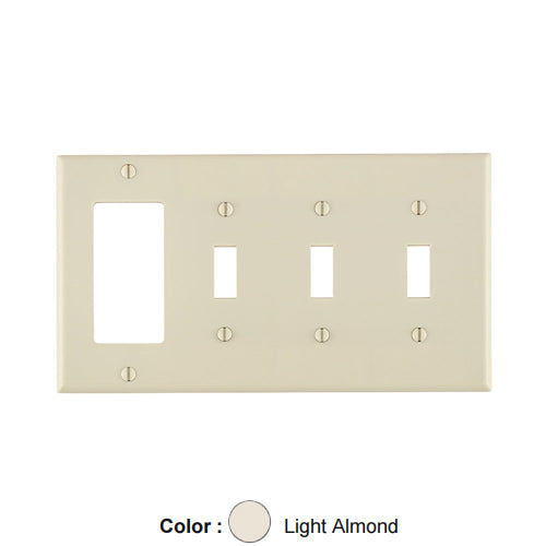Leviton P326-T, 4-Gang 3-Toggle 1-Decora/GFCI Device Device Combination Wallplate, Standard Size, Thermoset, Device Mount, Light Almond