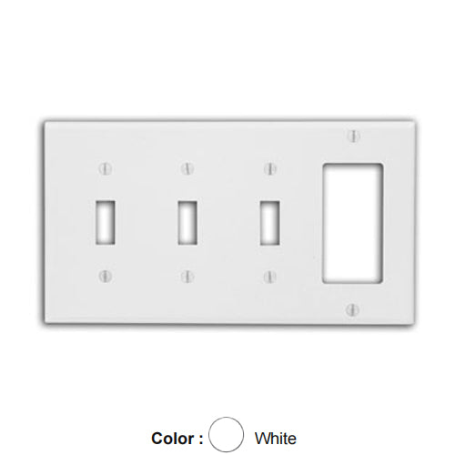 Leviton P326-W, 4-Gang 3-Toggle 1-Decora/GFCI Device Device Combination Wallplate, Standard Size, Thermoset, Device Mount, White