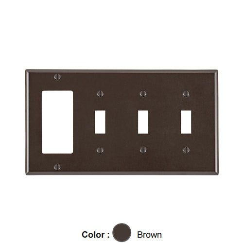 Leviton P326, 4-Gang 3-Toggle 1-Decora/GFCI Device Device Combination Wallplate, Standard Size, Thermoset, Device Mount, Brown