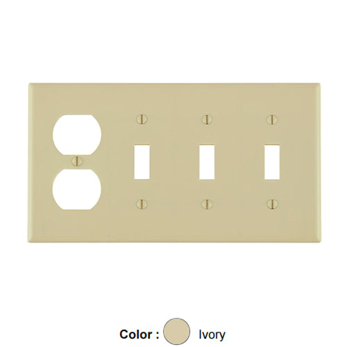 Leviton P38-I, 4-Gang 3-Toggle and 1-Duplex Combination Wallplate, Standard Size, Thermoset, Device Mount, Ivory