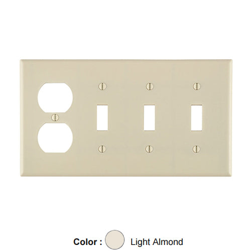 Leviton P38-T, 4-Gang 3-Toggle and 1-Duplex Combination Wallplate, Standard Size, Thermoset, Device Mount, Light Almond