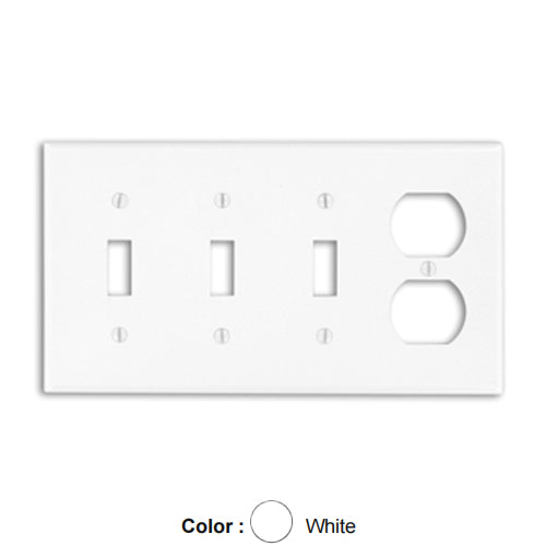 Leviton P38-W, 4-Gang 3-Toggle and 1-Duplex Combination Wallplate, Standard Size, Thermoset, Device Mount, White