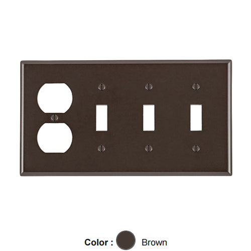 Leviton P38, 4-Gang 3-Toggle and 1-Duplex Combination Wallplate, Standard Size, Thermoset, Device Mount, Brown