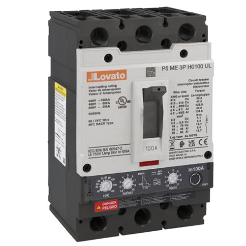 Lovato P5ME3PH0100UL, Moulded Case Circuit Breaker Three-Pole, UL489 Standard, 100A - Icu 65kA at 480V