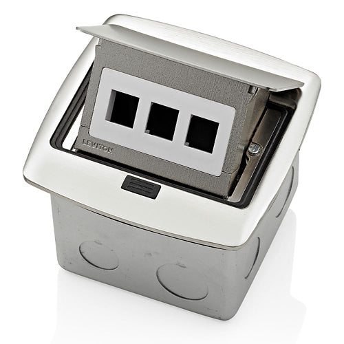 Leviton PFQP3-BN, Pop-Up Floor Box with 3-Port QuickPort Decora Insert, Accepts All Quickport Snap-In Modules, Brushed Nickel