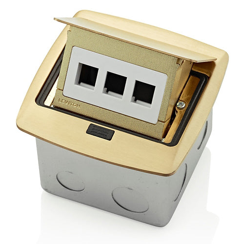 Leviton PFQP3-BR, Pop-Up Floor Box with 3-Port QuickPort Decora Insert, Accepts All Quickport Snap-In Modules, Brass