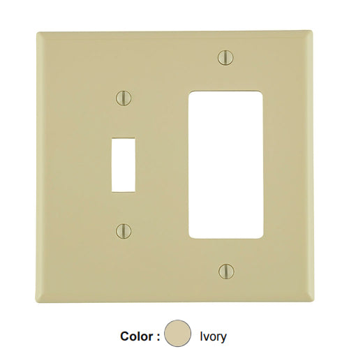 Leviton PJ126-I, 2-Gang 1-Toggle 1-Decora/GFCI Device Combination Wallplate, Midway Size, Thermoplastic Nylon, Device Mount, Ivory