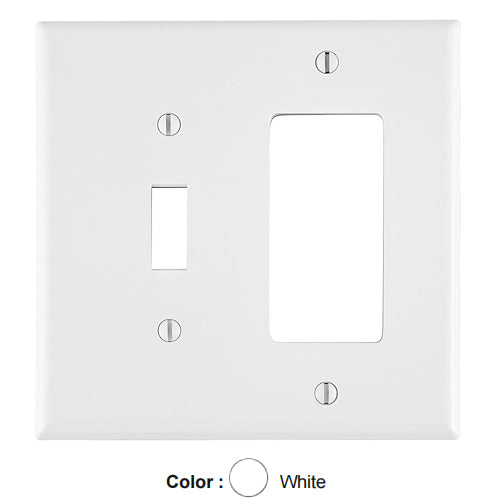 Leviton PJ126-W, 2-Gang 1-Toggle 1-Decora/GFCI Device Combination Wallplate, Midway Size, Thermoplastic Nylon, Device Mount, White