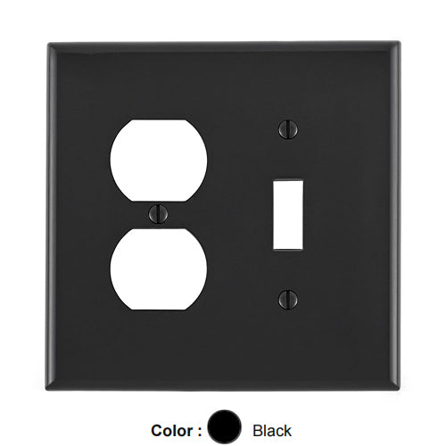 Leviton PJ18-E, 2-Gang 1-Toggle and 1-Duplex Device Combination Wallplate, Midway Size, Thermoplastic Nylon, Device Mount, Black, 2 Packs
