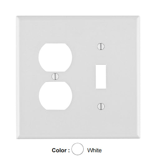 Leviton PJ18-W, 2-Gang 1-Toggle and 1-Duplex Device Combination Wallplate, Midway Size, Thermoplastic Nylon, Device Mount, White, 2 Packs