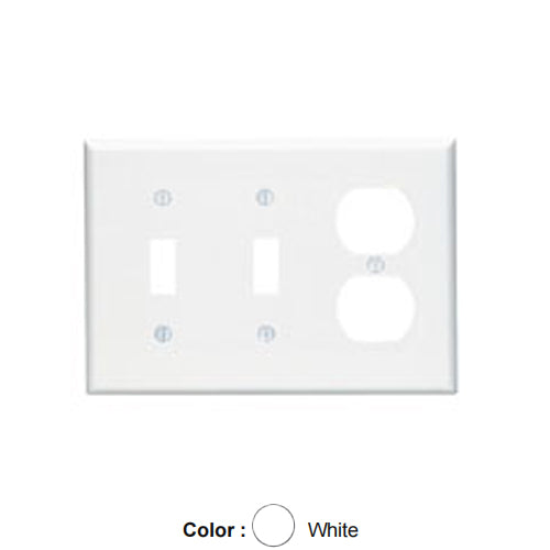 Leviton PJ21-W, 3-Gang 2-Toggle and 1-Duplex Device Combination Wallplate, Midway Size, Thermoplastic Nylon, Device Mount, White