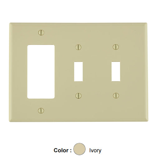 Leviton PJ226-I, 3-Gang 2-Toggle 1-Decora/GFCI Device Combination Wallplate, Midway Size, Thermoplastic Nylon, Device Mount, Ivory