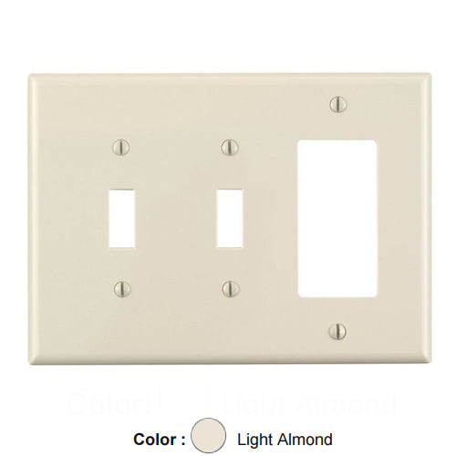 Leviton PJ226-T, 3-Gang 2-Toggle 1-Decora/GFCI Device Combination Wallplate, Midway Size, Thermoplastic Nylon, Device Mount, Light Almond