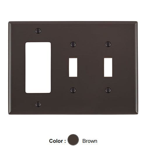 Leviton PJ226, 3-Gang 2-Toggle 1-Decora/GFCI Device Combination Wallplate, Midway Size, Thermoplastic Nylon, Device Mount, Brown