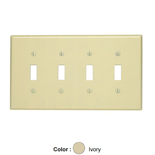 Leviton PJ4-I, 4-Gang Toggle Switch Wallplate, Midway Size, Thermoplastic Nylon, Device Mount, Ivory