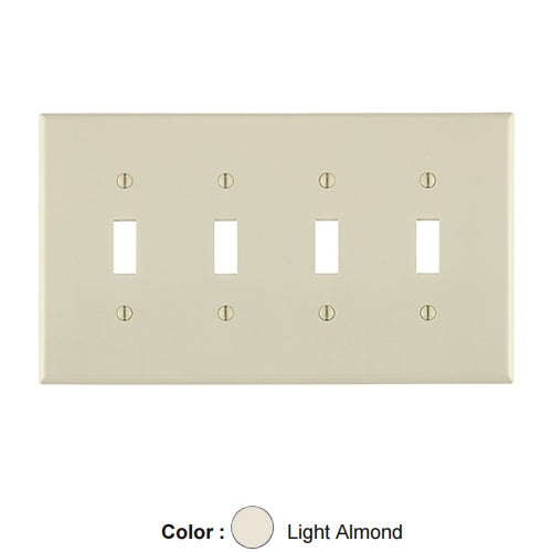 Leviton PJ4-T, 4-Gang Toggle Switch Wallplate, Midway Size, Thermoplastic Nylon, Device Mount, Light Almond