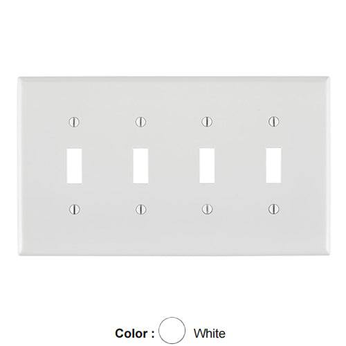 Leviton PJ4-W, 4-Gang Toggle Switch Wallplate, Midway Size, Thermoplastic Nylon, Device Mount, White