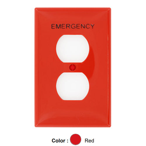 Leviton PJ8-RE, 1-Gang Duplex Device Receptacle Wallplate, Midway Size, Thermoplastic Nylon, Device Mount, Hot Stamped Emergency, Black Lettering Size 3/16-Inch, Red