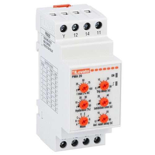 Lovato PMA20240, Current Monitoring Relay for Single-Phase System, AC/DC Maximum Current Control, Automatic or Manual Reset, Auxiliary Power Supply 24...240VAC/DC, 5A or 16A