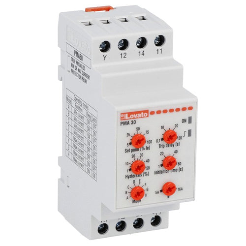 Lovato PMA30240, Current Monitoring Relay for Single and Three-Phase System, AC/DC Minimum or Maximum Current Control, Delayed Trip, Automatic or Manual Reset, Auxiliary Power Supply 24...240VAC/DC, 5A or 16A