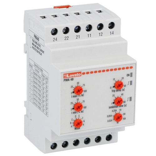 Lovato PMA40240, Current Monitoring Relay for Single and Three-Phase System, AC/DC Minimum or Maximum Current Control, Delayed Trip, Automatic or Manual Reset, Auxiliary Power Supply 24...240VAC/DC, 0.02-0.05-0.25-1-5-16A