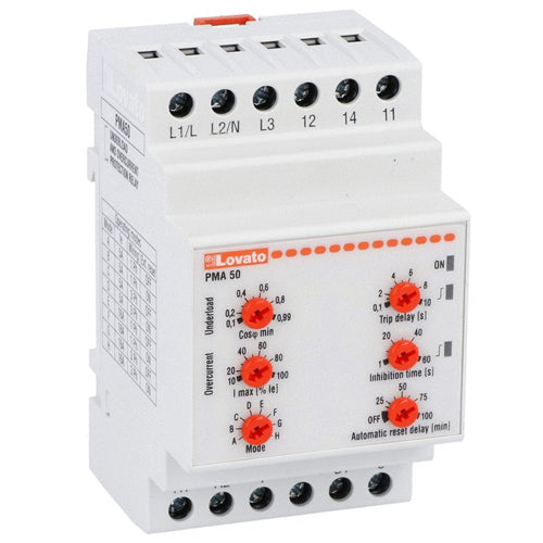 Lovato PMA50A480, Pump Protection Relay for Single and Three-Phase System, Maximum AC Current and Minimum COSΦ, Phase Loss and Incorrect Phase Sequence, Auxiliary Power Supply 440...480VAC, 5A or 16A