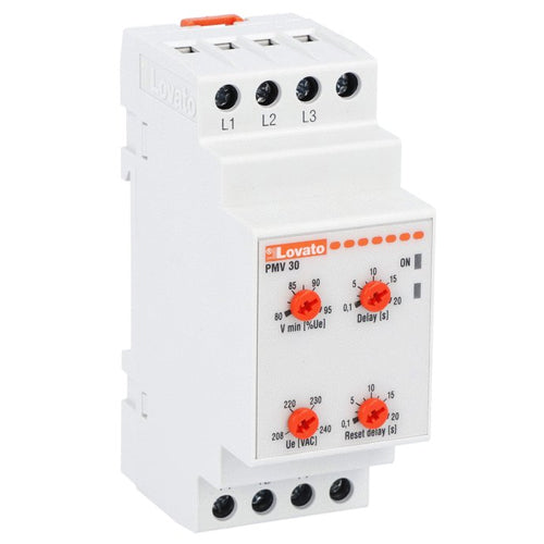 Lovato PMV30A600, Voltage Monitoring Relay for Three-Phase System, Without Neutral, Minimum AC Voltage, Delayed Trip, Phase Loss and Incorrect Phase Sequence, Instantaneous Trip, 600VAC 50/60Hz